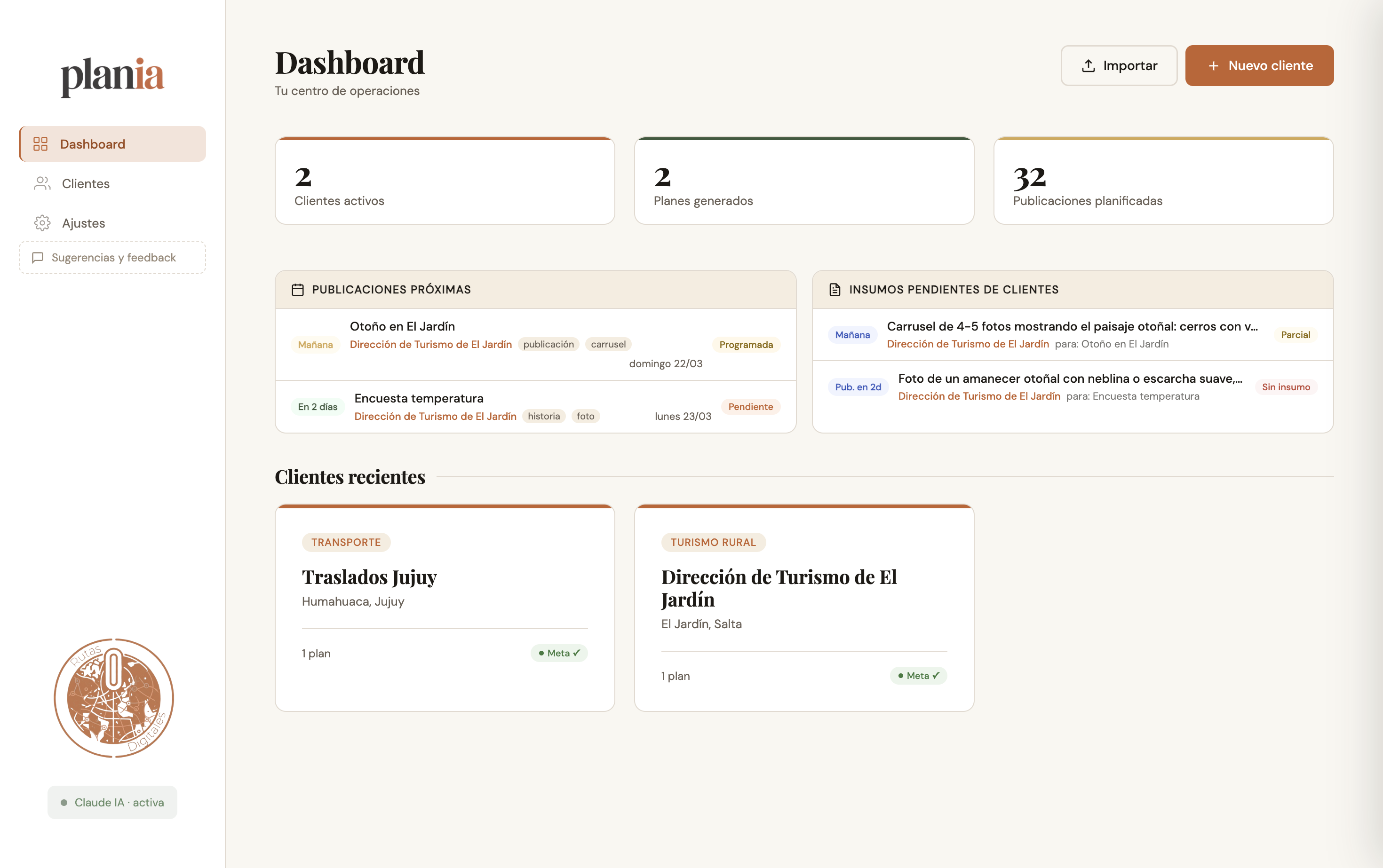 Dashboard de PlanIA — publicaciones próximas, insumos pendientes y clientes recientes
