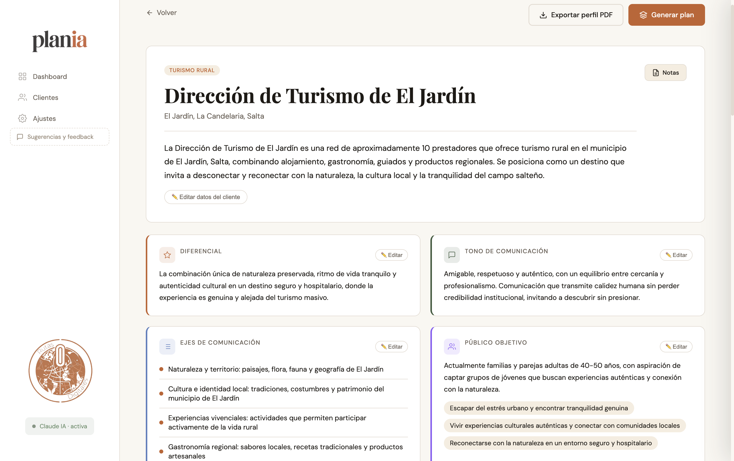 Perfil estratégico del cliente en PlanIA — diferencial, tono, ejes y público objetivo