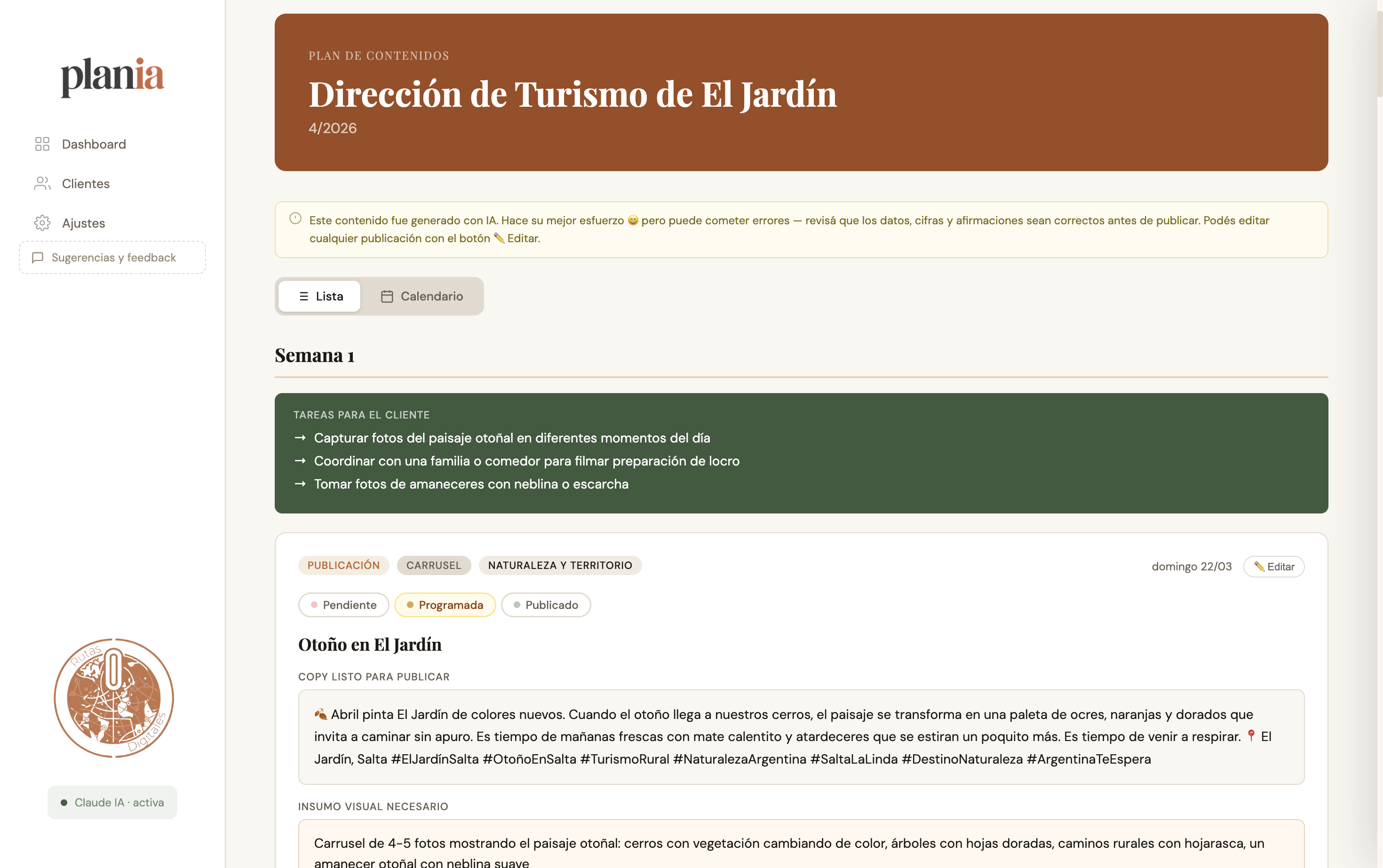 Plan de contenidos mensual generado con PlanIA — vista lista con copy completo